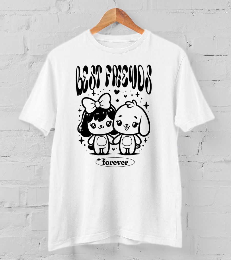 BEST FRIENDS FOREVER Cute Cartoon Characters Holding Hands With Hearts And Stars T-Shirt