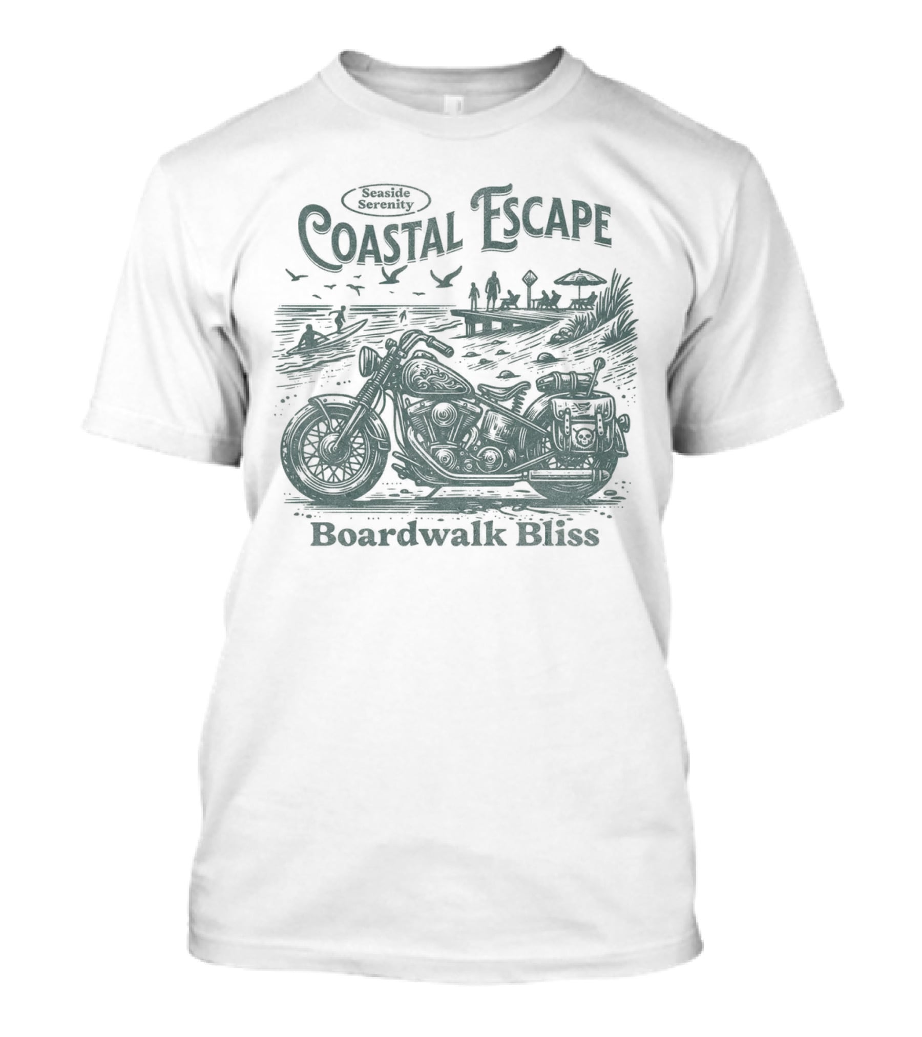 Seaside Serenity Coastal Escape Motorcycle Boardwalk Bliss T-Shirt