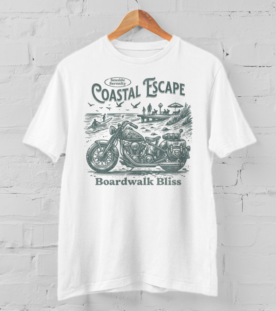 Seaside Serenity Coastal Escape Motorcycle Boardwalk Bliss T-Shirt