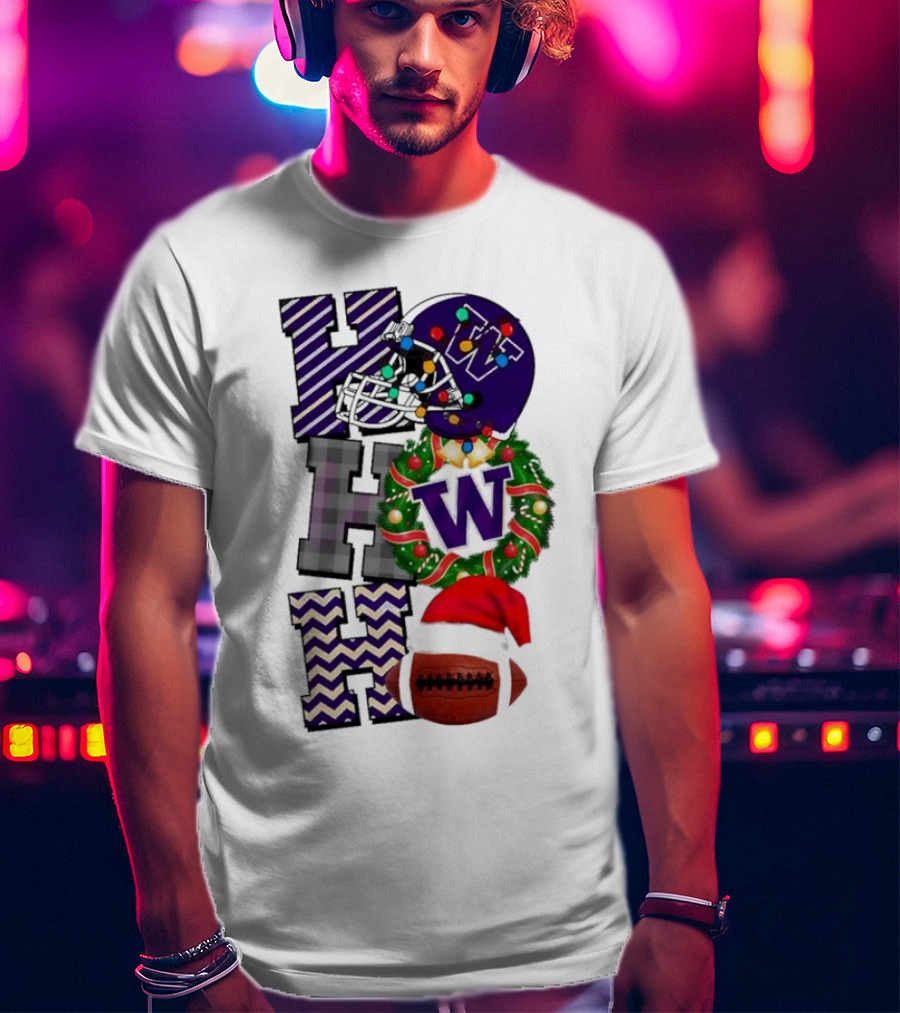 Washington Huskies Football Christmas Ho Ho Ho Helmet Wreath Ball T-Shirt
