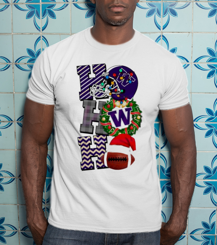 Washington Huskies Football Christmas Ho Ho Ho Helmet Wreath Ball T-Shirt
