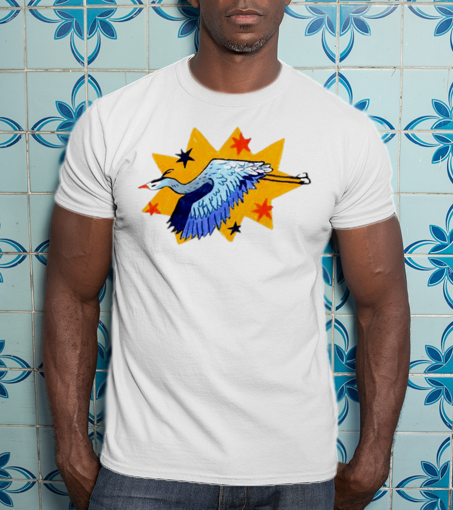 Grey Heron Flying Against Starry Yellow Burst T-Shirt
