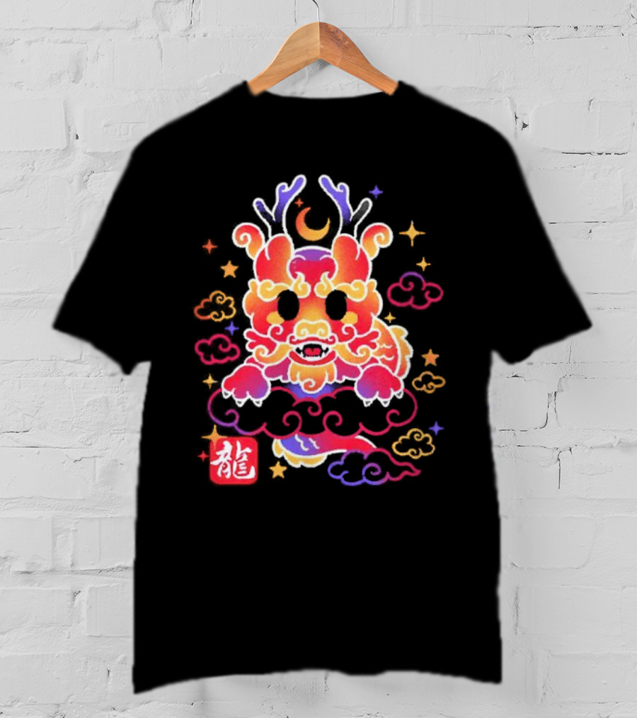 Kawaii Chinese Dragon With Colorful Clouds And Stars Asian Aesthetic T-Shirt