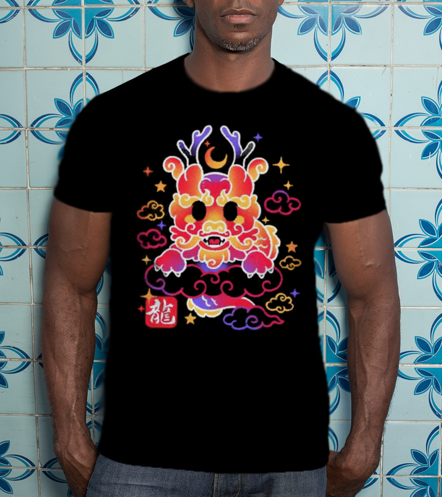 Kawaii Chinese Dragon With Colorful Clouds And Stars Asian Aesthetic T-Shirt