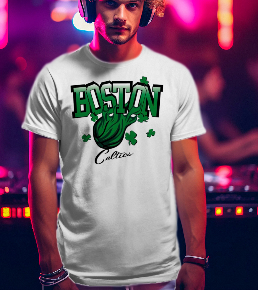 Boston Celtics Vintage Shamrock Basketball Flame T-Shirt