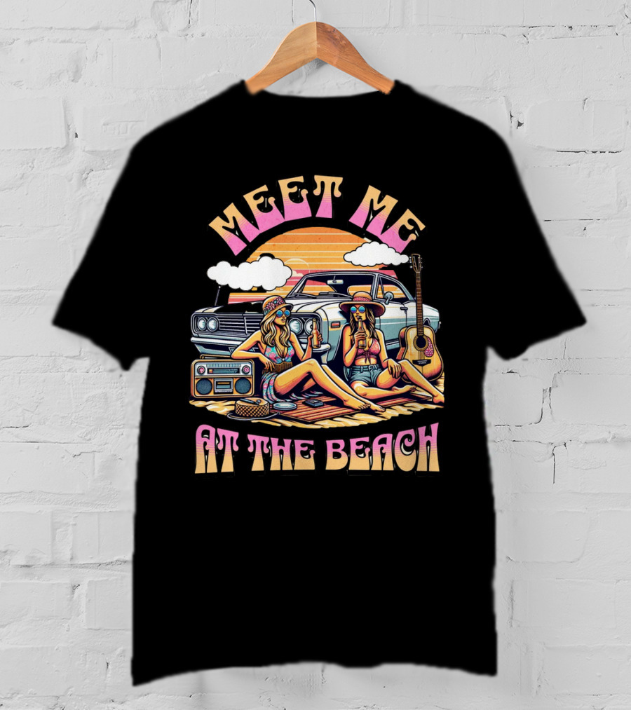 Meet Me At The Beach Sunset Paradise With Classic Car And Guitar T-Shirt