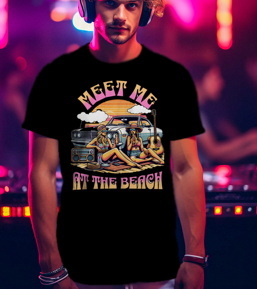 Meet Me At The Beach Sunset Paradise With Classic Car And Guitar T-Shirt