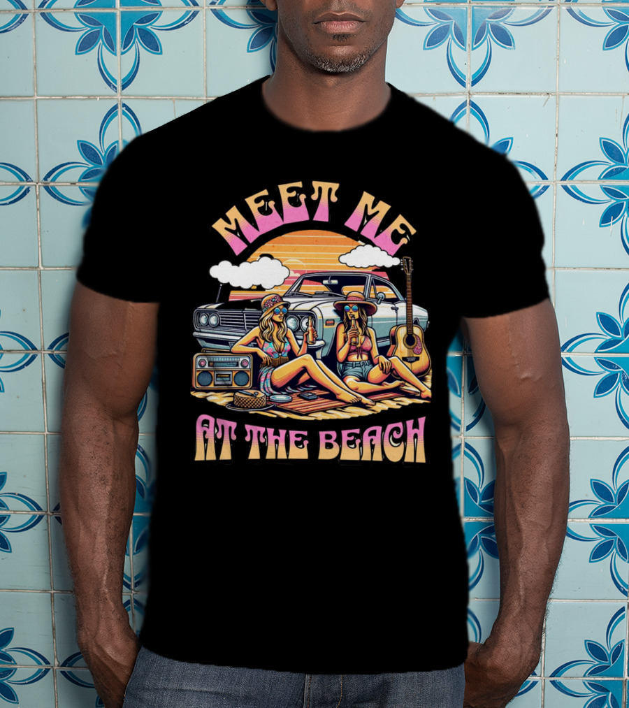 Meet Me At The Beach Sunset Paradise With Classic Car And Guitar T-Shirt