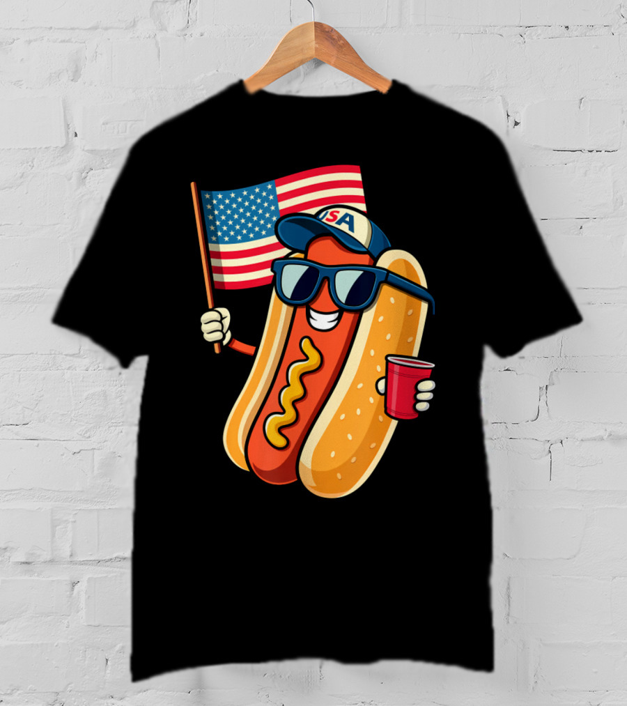 Fourth Of July USA Hotdog With American Flag And Sunglasses T-Shirt