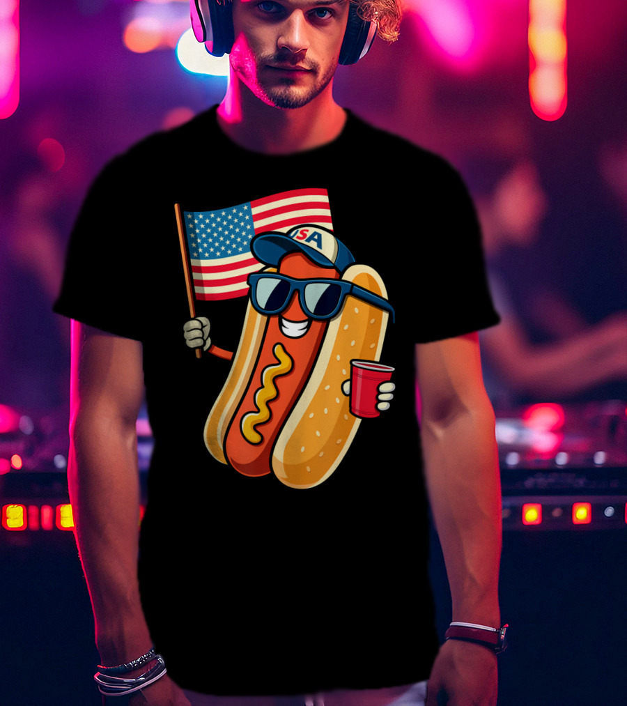 Fourth Of July USA Hotdog With American Flag And Sunglasses T-Shirt
