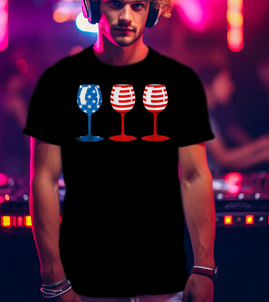 American Flag Fourth Of July Wine Glass Trio Stars And Stripes Patriotic T-Shirt