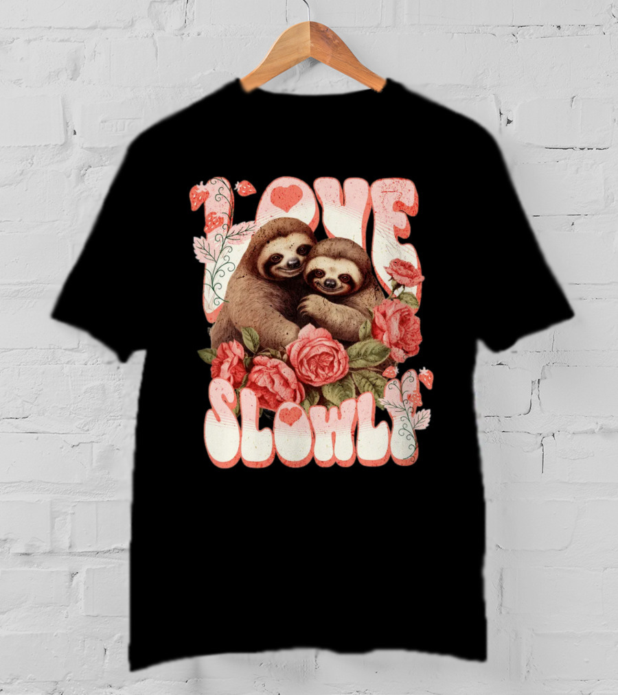 Love Slowly Sloth Couple Romance Valentine Heart Roses T-Shirt