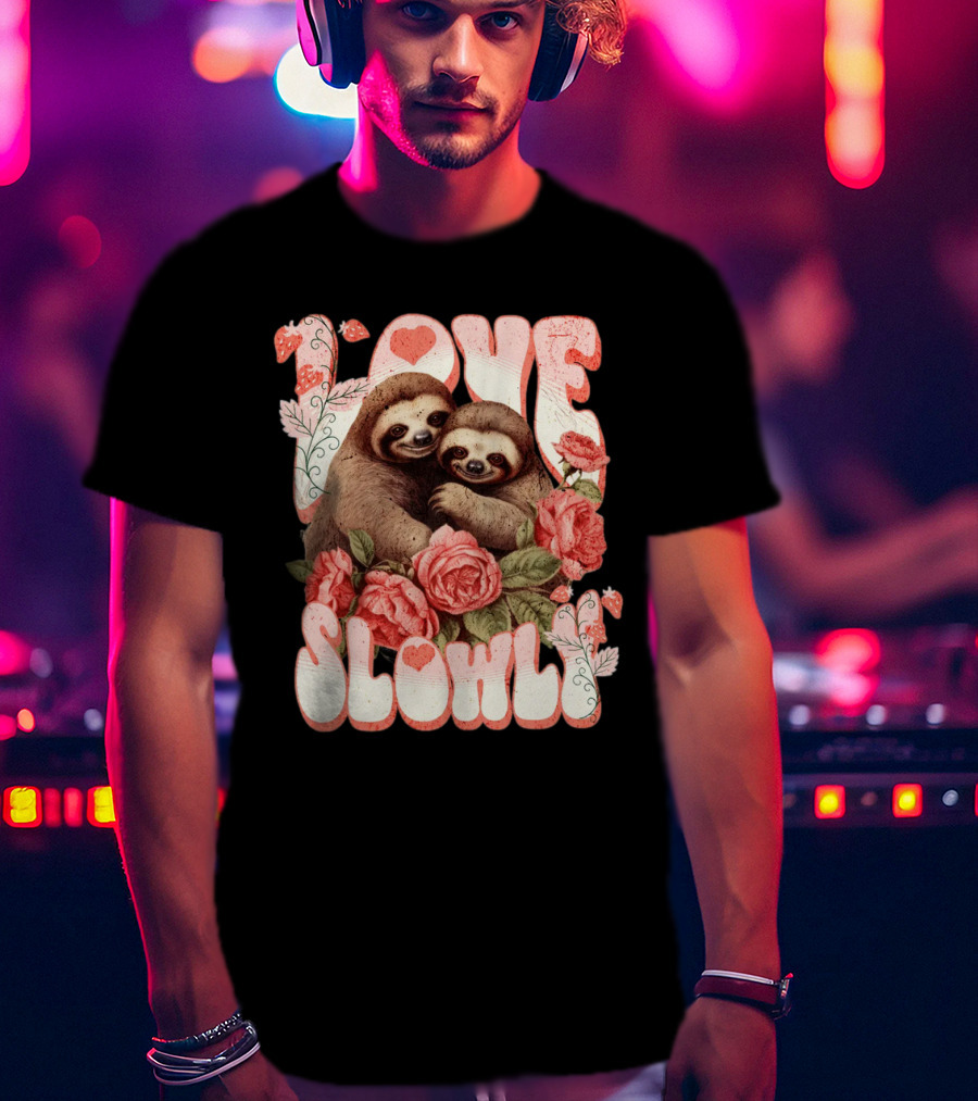 Love Slowly Sloth Couple Romance Valentine Heart Roses T-Shirt