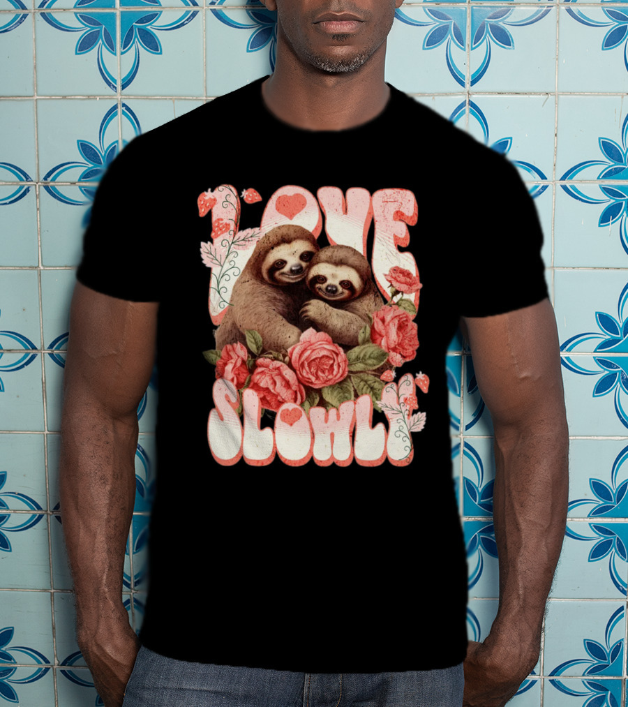 Love Slowly Sloth Couple Romance Valentine Heart Roses T-Shirt