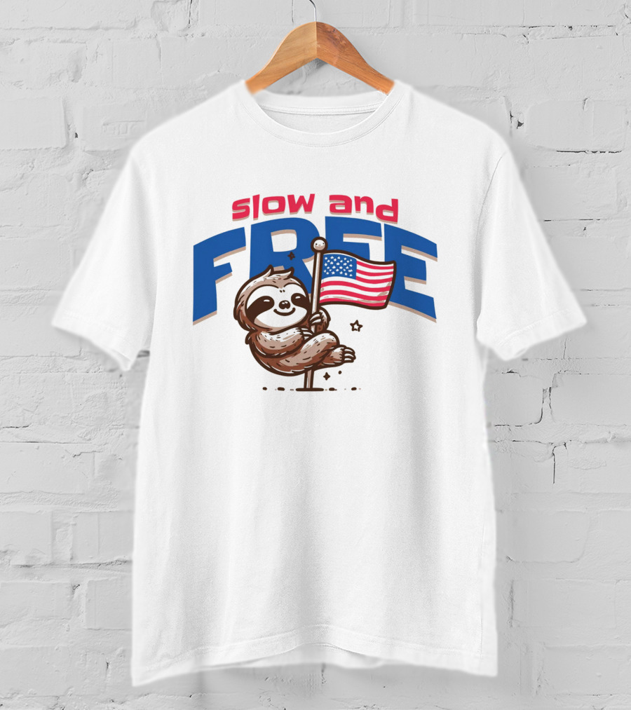 Slow And Free Sloth With American Flag T-Shirt