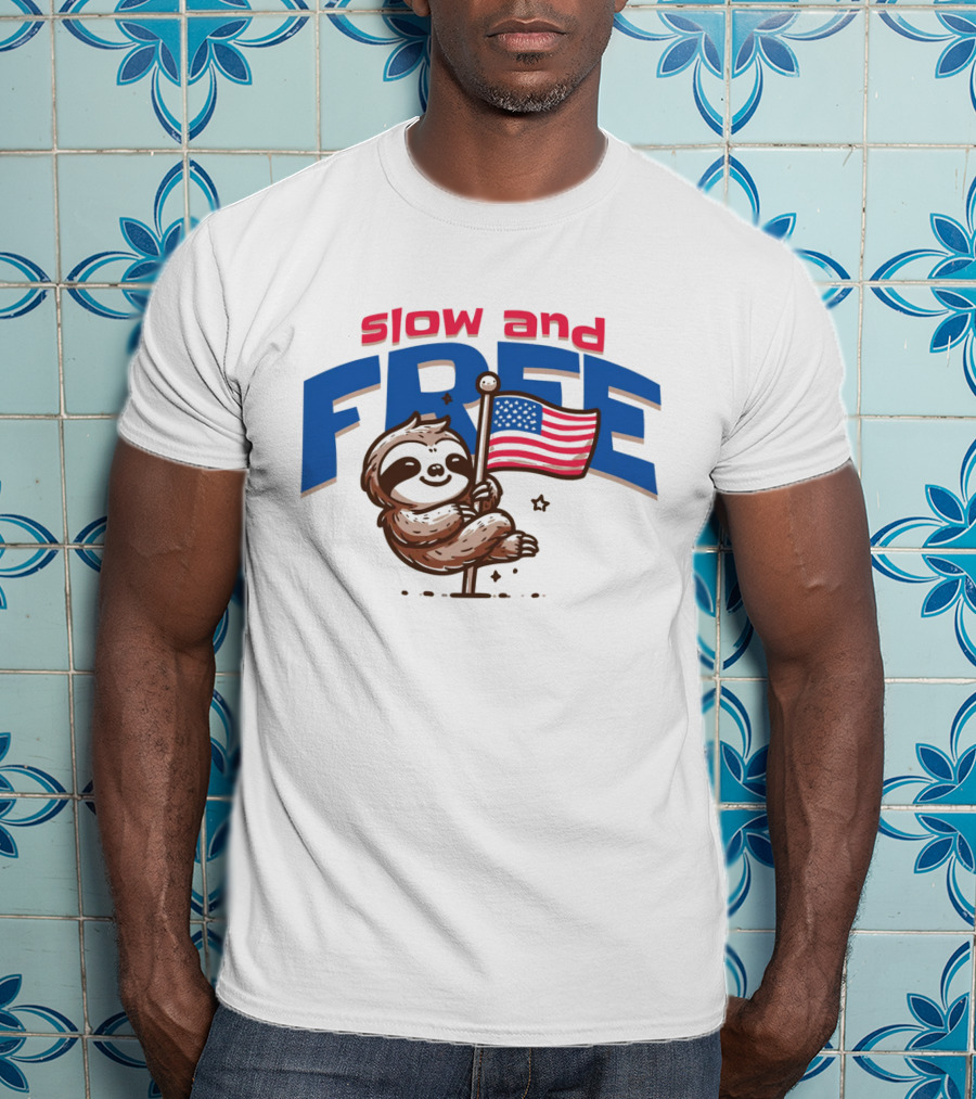 Slow And Free Sloth With American Flag T-Shirt