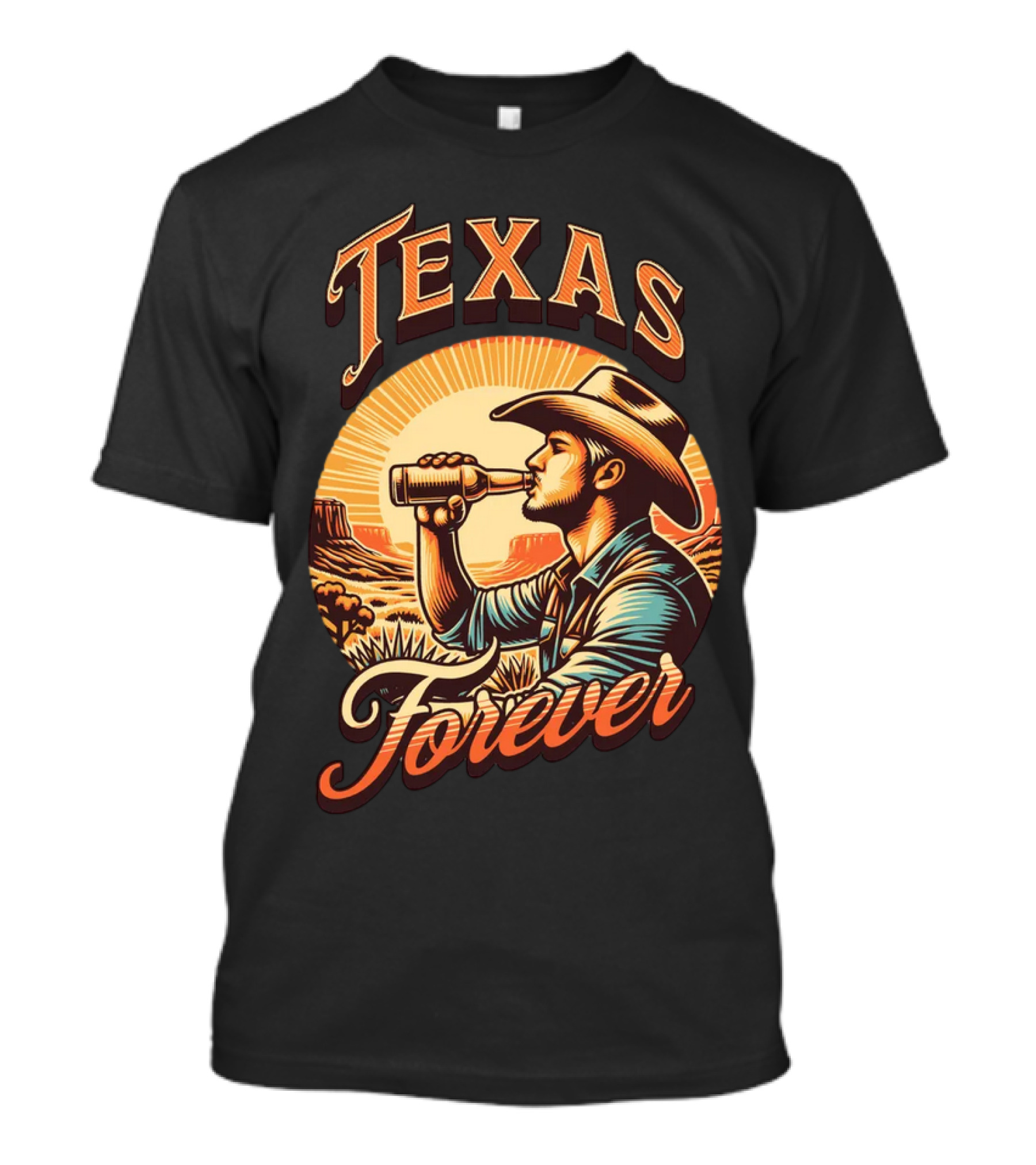 Texas Forever Cowboy Drinking Beer Sunset Desert Scene T-Shirt