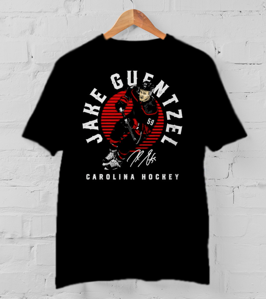 Jake Guentzel Carolina Hockey Number 59 Emblem With Red Circle And Signature T-Shirt