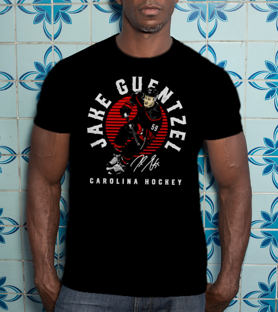 Jake Guentzel Carolina Hockey Number 59 Emblem With Red Circle And Signature T-Shirt