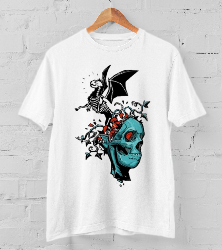 Scott Buoncristiano Skeleton Head With Dragon And Red Accents T-Shirt