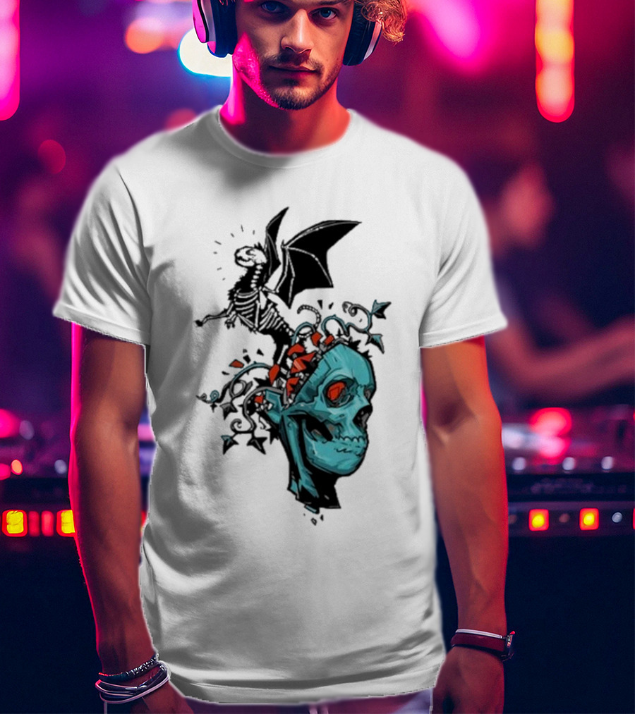 Scott Buoncristiano Skeleton Head With Dragon And Red Accents T-Shirt