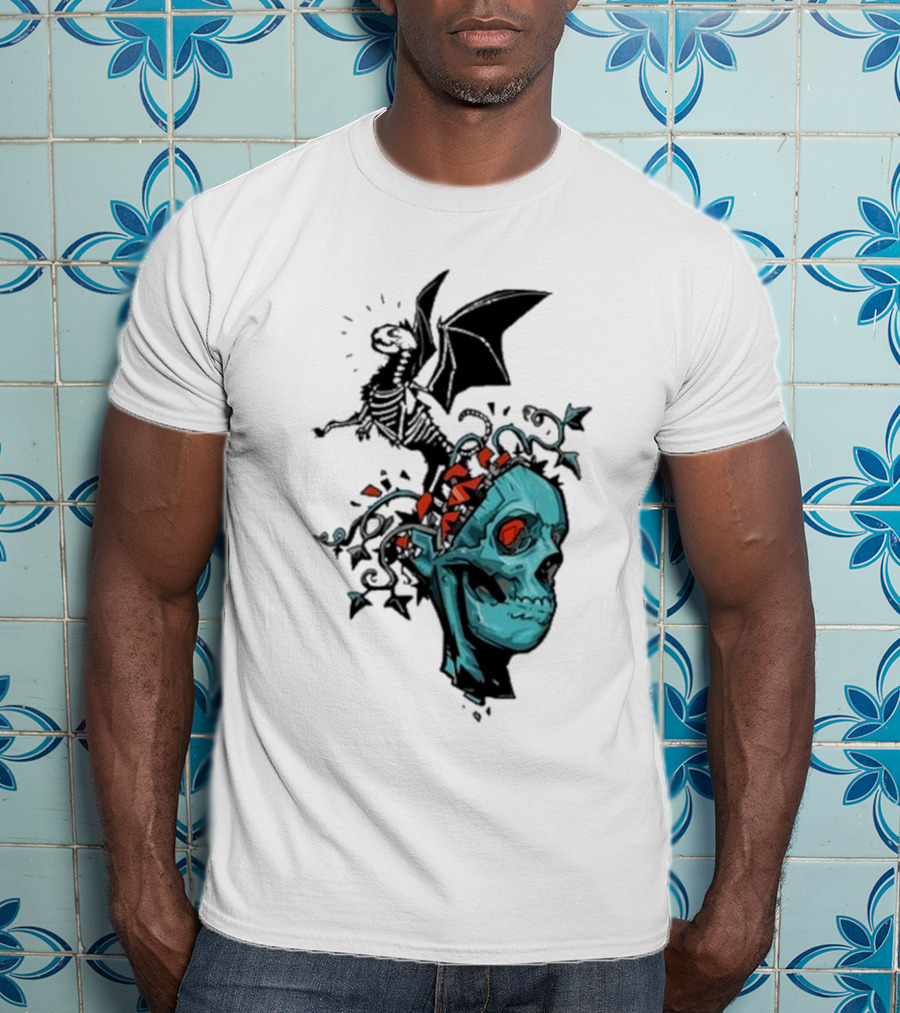 Scott Buoncristiano Skeleton Head With Dragon And Red Accents T-Shirt