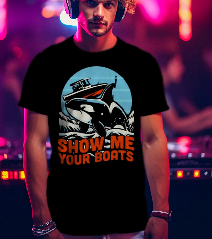 Orca Breaching Waves With Speedboat Show Me Your Boats T-Shirt