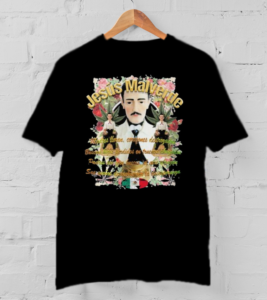 Jesús Malverde Iconic Figure With Flowers And Mexican Flag T-Shirt