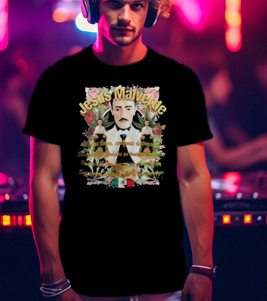 Jesús Malverde Iconic Figure With Flowers And Mexican Flag T-Shirt