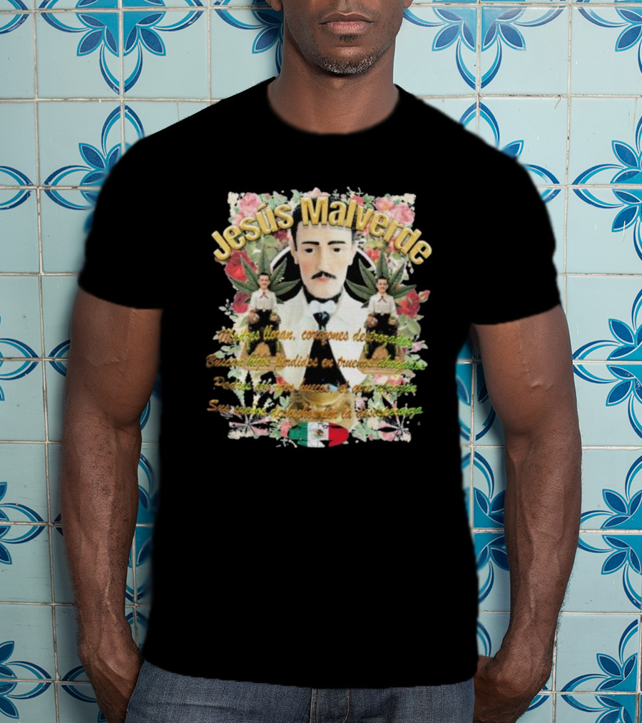 Jesús Malverde Iconic Figure With Flowers And Mexican Flag T-Shirt