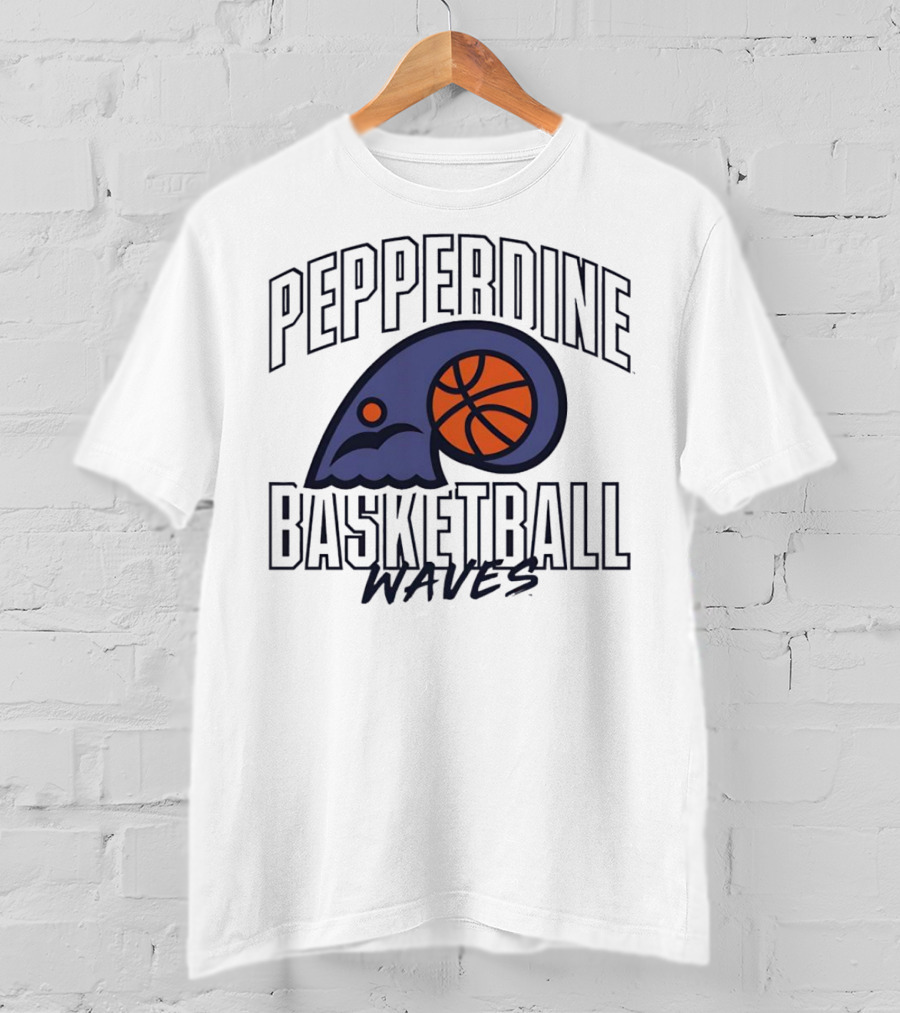 Pepperdine Waves Basketball Logo With Orange Basketball And Wave T-Shirt