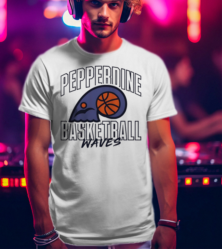 Pepperdine Waves Basketball Logo With Orange Basketball And Wave T-Shirt