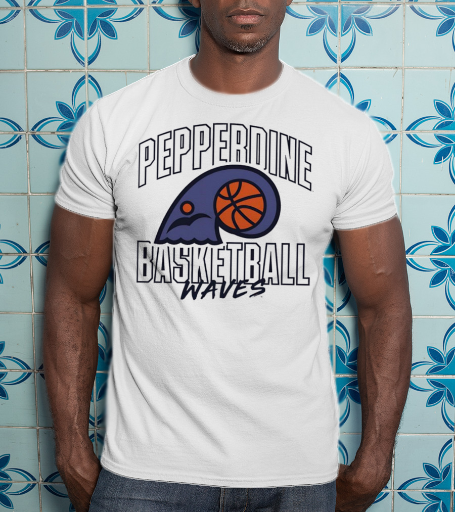 Pepperdine Waves Basketball Logo With Orange Basketball And Wave T-Shirt