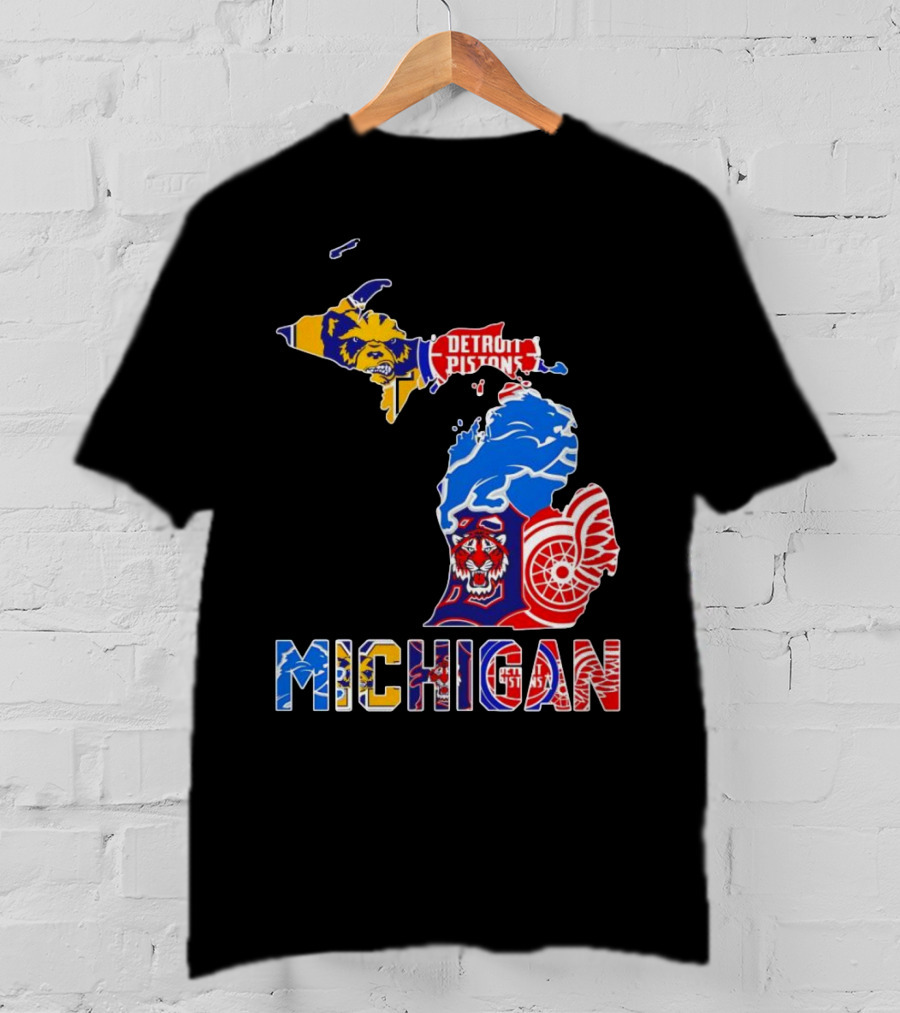Michigan Sports Teams Logos Map Detroit Pistons Lions Tigers Red Wings T-Shirt