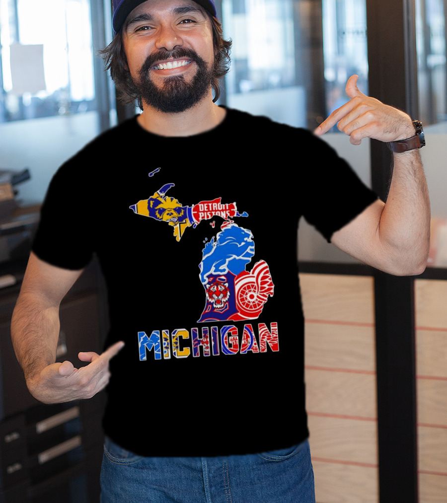 Michigan Sports Teams Logos Map Detroit Pistons Lions Tigers Red Wings T-Shirt