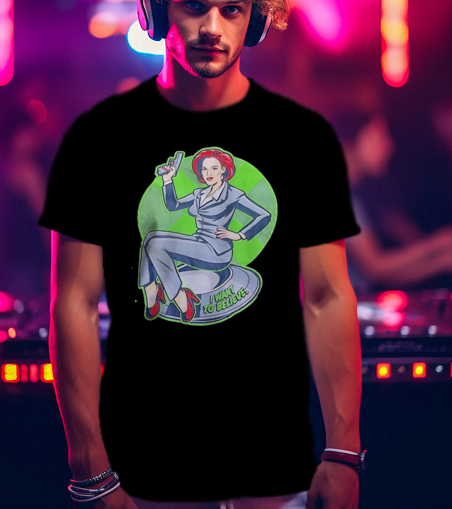Gillian Anderson I Want To Believe Retro Cartoon Alien T-Shirt