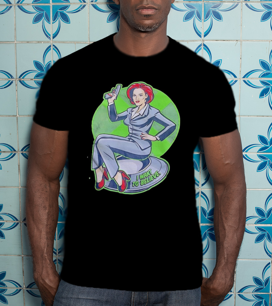 Gillian Anderson I Want To Believe Retro Cartoon Alien T-Shirt
