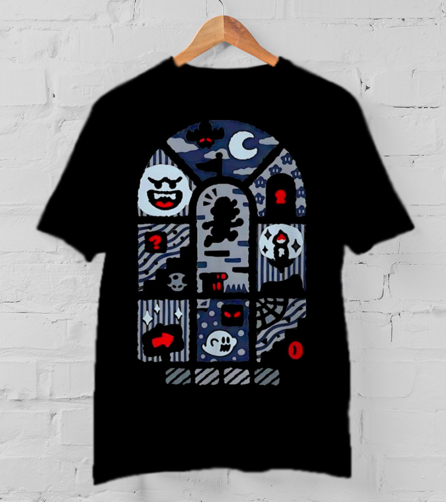 Super Mario World Ghost House Scene Elements Featuring Boo, Skull, And Keyhole T-Shirt