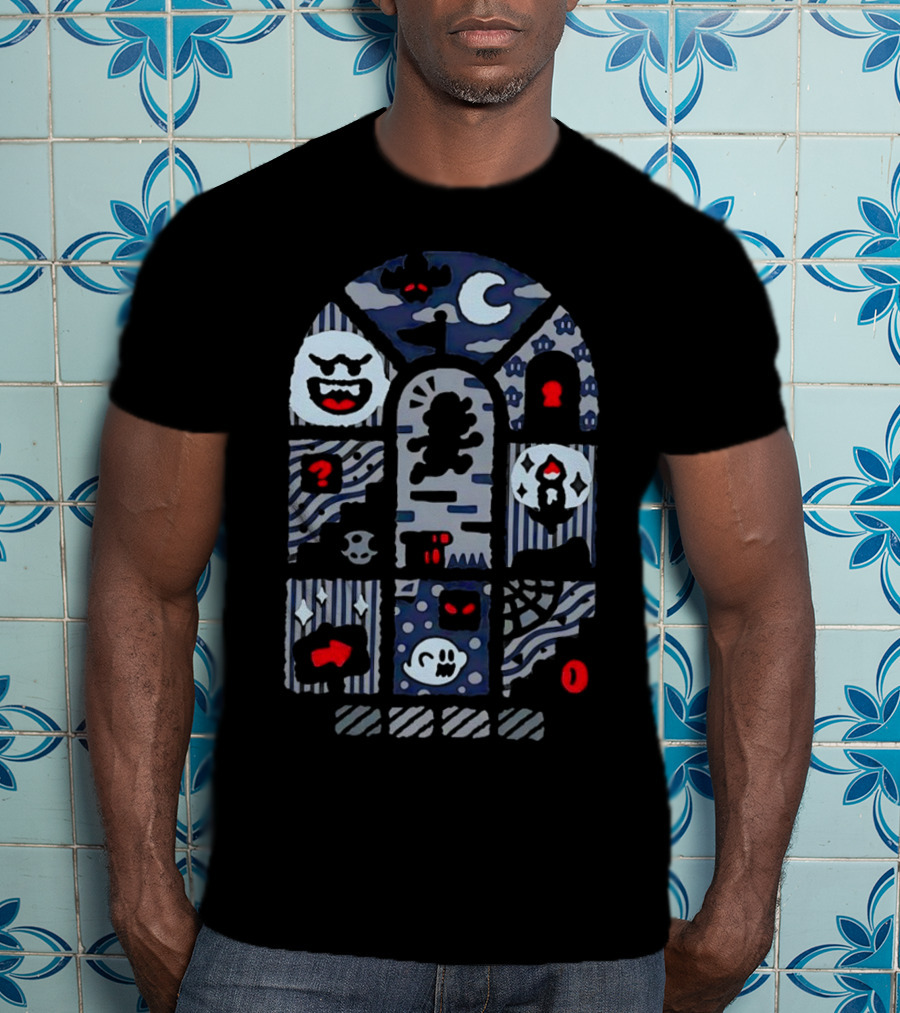 Super Mario World Ghost House Scene Elements Featuring Boo, Skull, And Keyhole T-Shirt