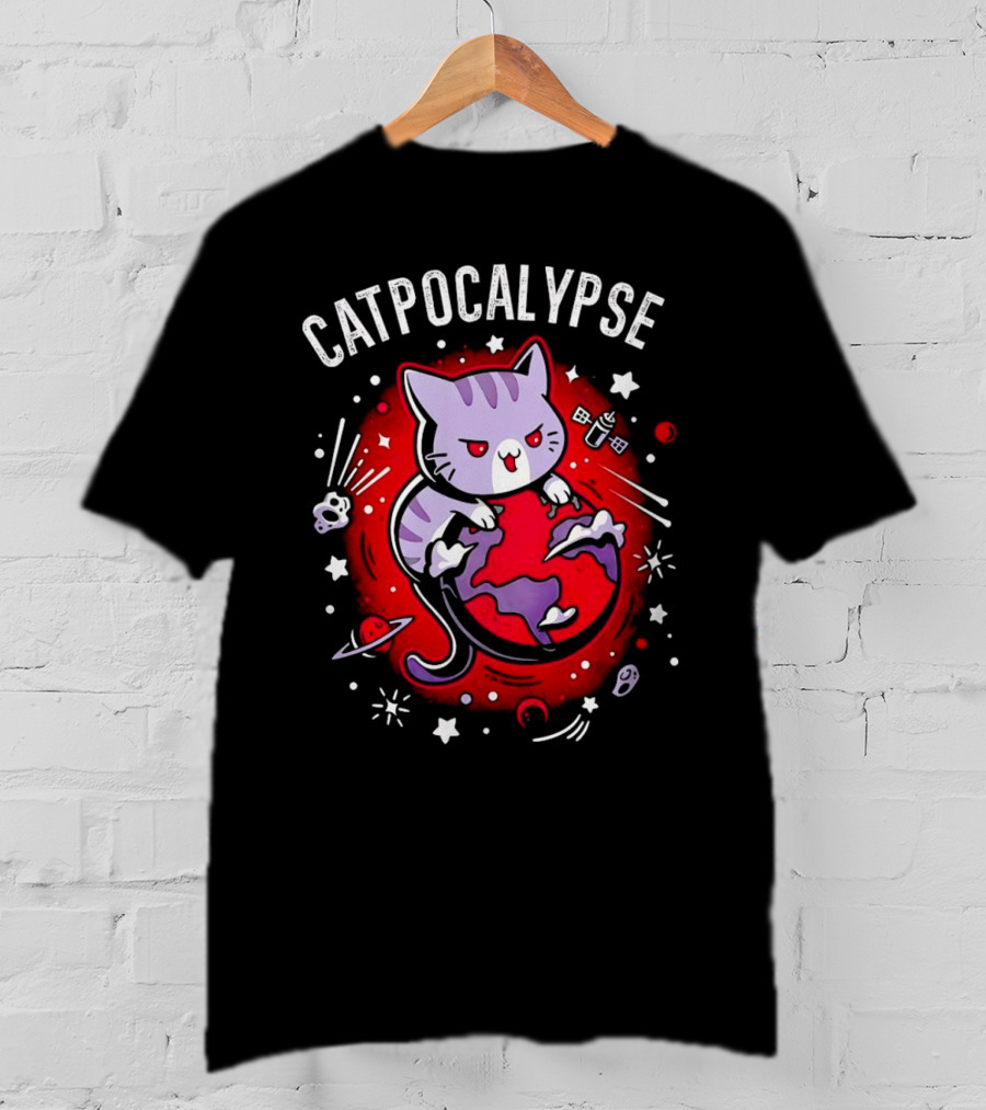 Catpocalypse Cat Battling Earth Amidst Cosmic Chaos T-Shirt