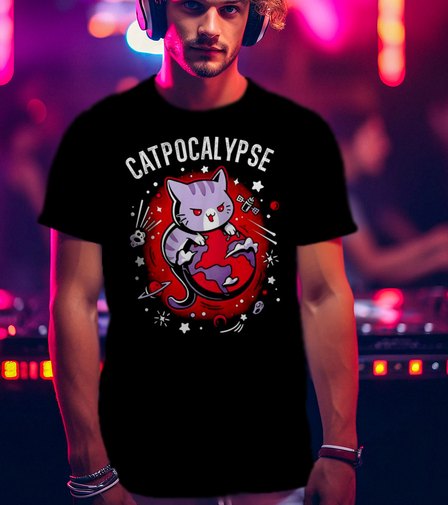 Catpocalypse Cat Battling Earth Amidst Cosmic Chaos T-Shirt