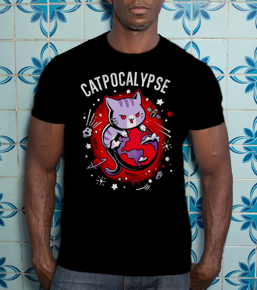 Catpocalypse Cat Battling Earth Amidst Cosmic Chaos T-Shirt