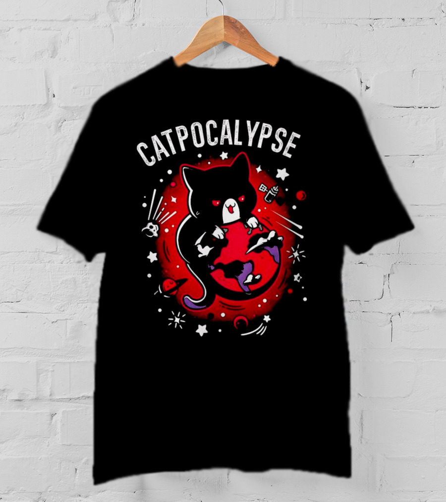 Catpocalypse Red Cat Holding Earth Surrounded By Space Elements T-Shirt