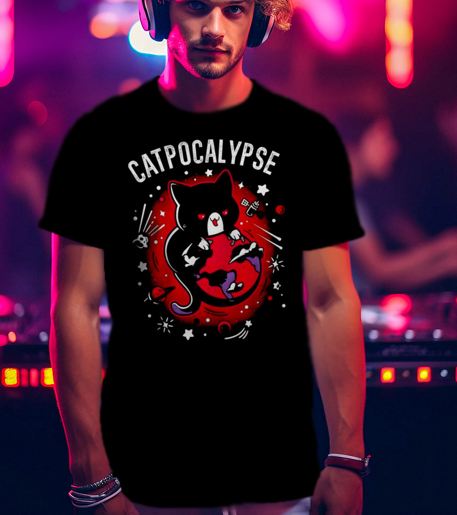 Catpocalypse Red Cat Holding Earth Surrounded By Space Elements T-Shirt