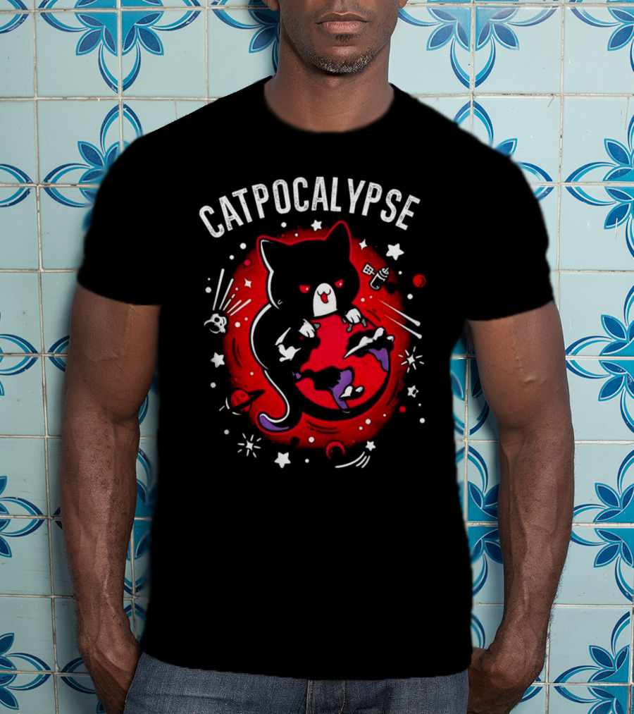 Catpocalypse Red Cat Holding Earth Surrounded By Space Elements T-Shirt