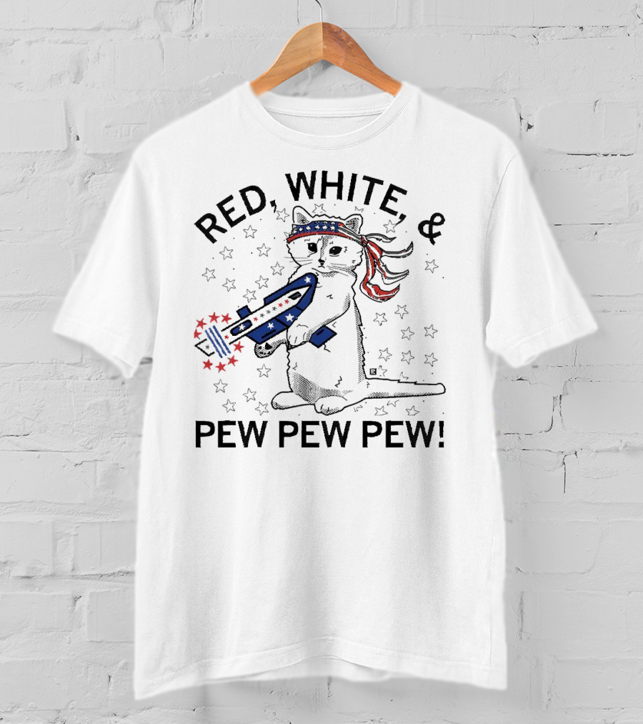 Red White And Pew Pew Pew Cat With Stars And Stripes Headband And Laser Gun T-Shirt
