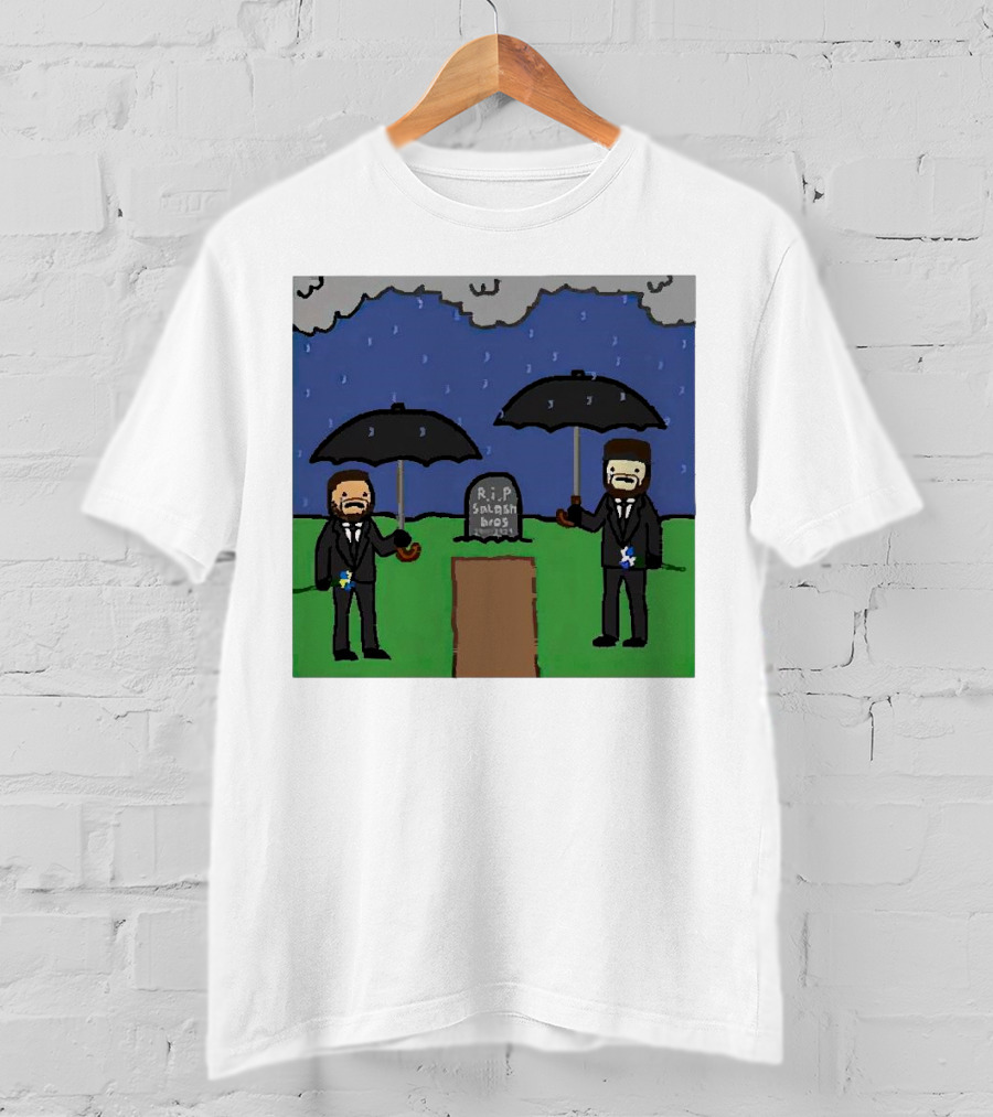 RIP SplashBros Cartoon Memorial With Suited Figures Holding Black Umbrellas T-Shirt