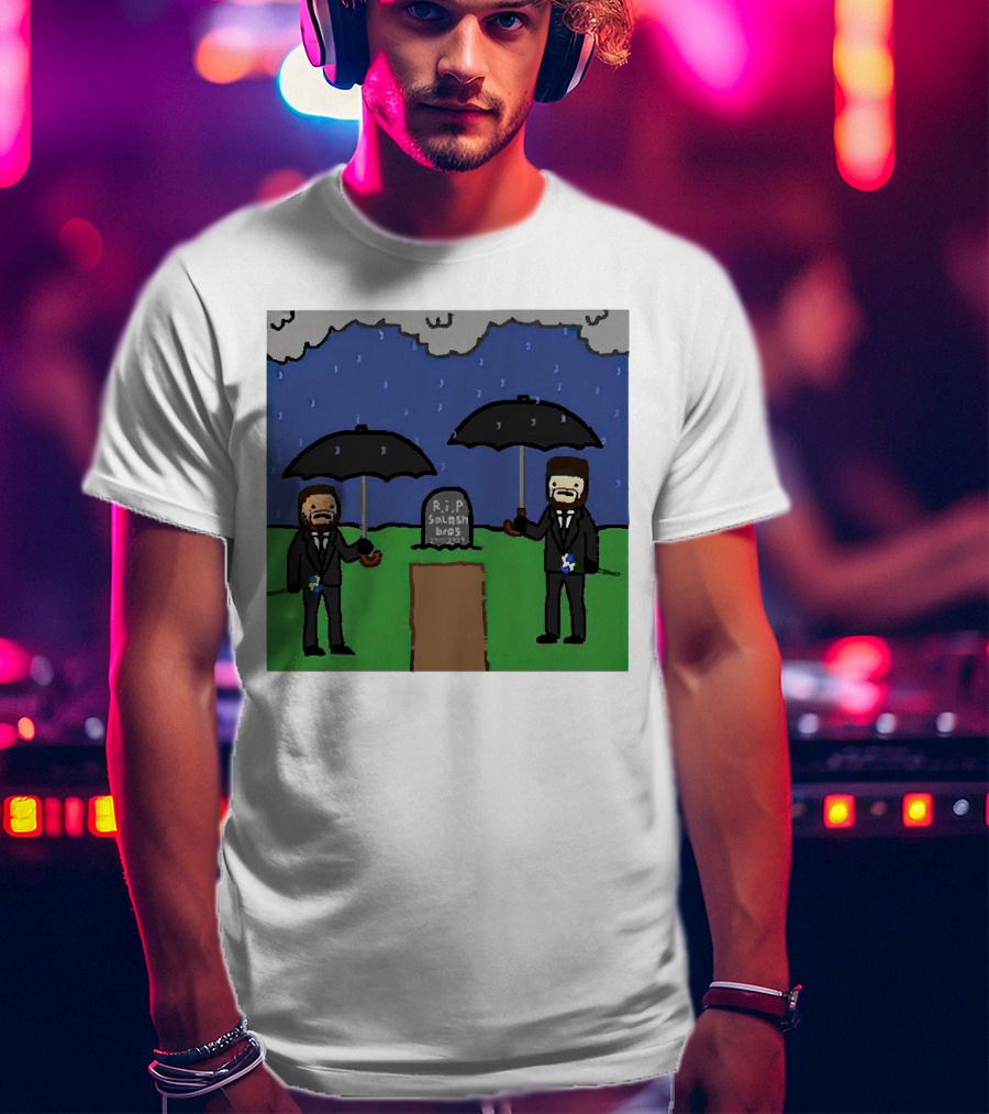 RIP SplashBros Cartoon Memorial With Suited Figures Holding Black Umbrellas T-Shirt