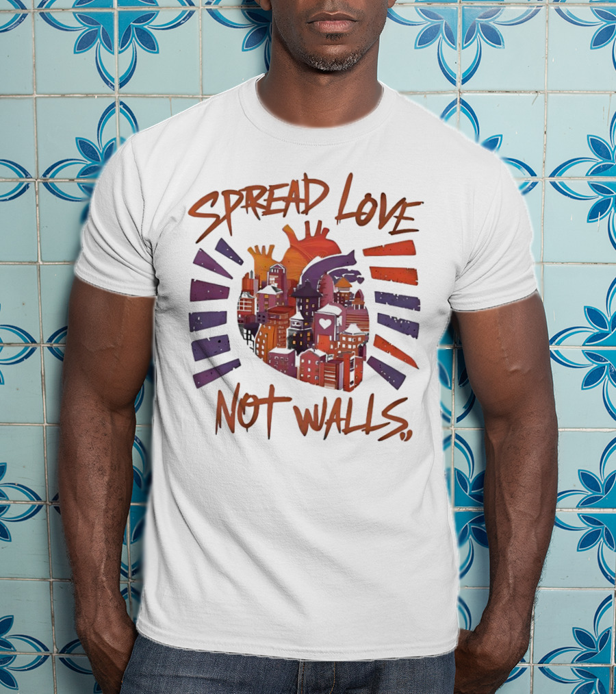 Spread Love Not Walls Cityscape Heart Crown Sunset T-Shirt