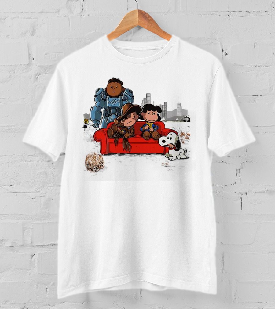 Peanuts Fallout Characters Crossover On Red Couch In Post-Apocalyptic City Scene T-Shirt
